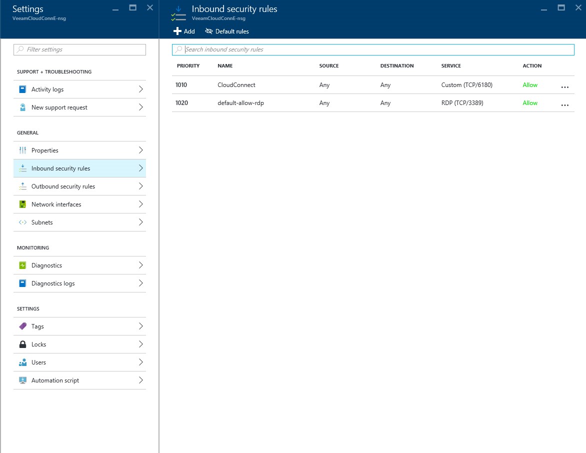 How to configure Veeam cloud connect for the Enterprise VM in Azure Portal?